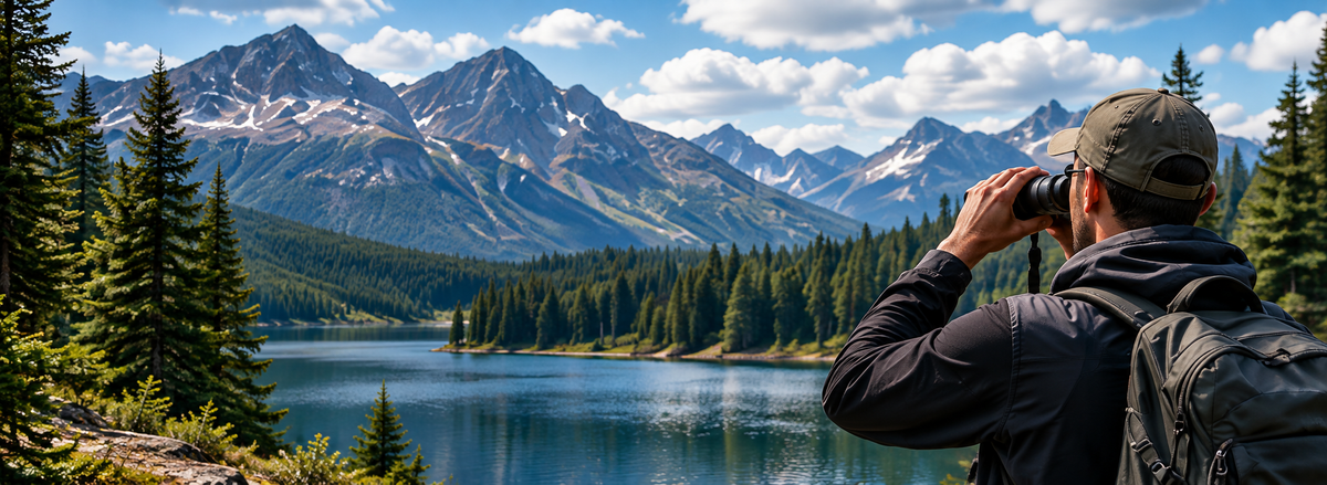 A man wearing a cap and backpack looks through binoculars over a scenic mountain lake landscape with pine trees and snow-capped peaks under a blue sky with clouds.
