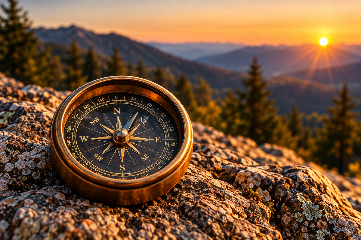 A brass compass resting on a textured rock in a mountain landscape at sunset, with layered pine-covered hills and a glowing sun in the background.