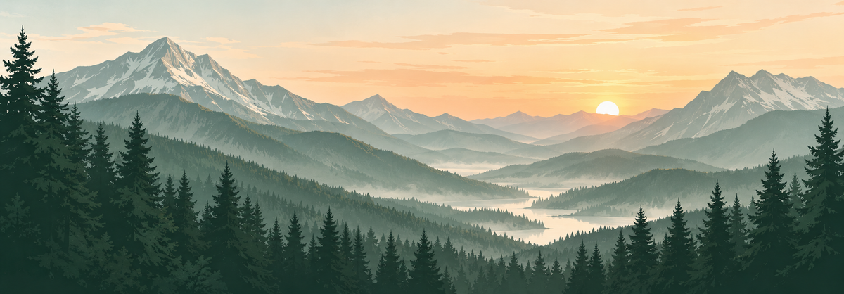A scenic landscape illustration of layered mountain ranges with snow-capped peaks, evergreen forests in the foreground, and a low sun rising or setting over a misty valley.