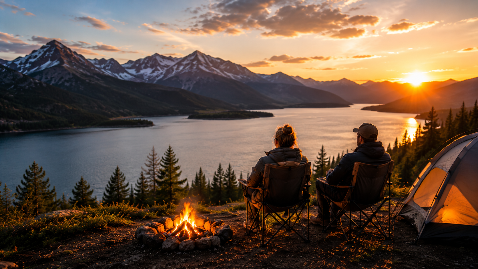 Couple enjoying a lakeside mountain campsite at sunset, reflecting Forejourney's belief that the journey matters as much as the destination.