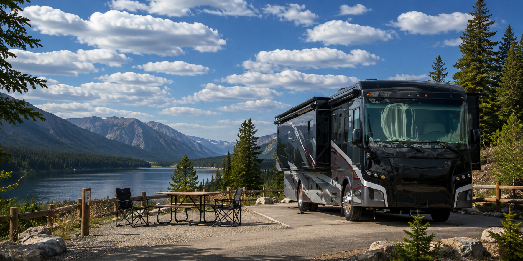Luxury RV parked beside a scenic mountain lake campground, reflecting the travel and adventure inspiration behind Forejourney.