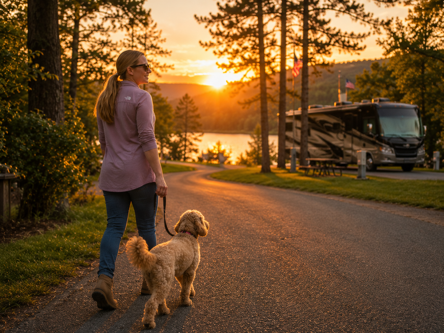 Founder walking with her dog through a lakeside RV campground at sunset, representing Forejourney's belief that the journey matters as much as the destination.