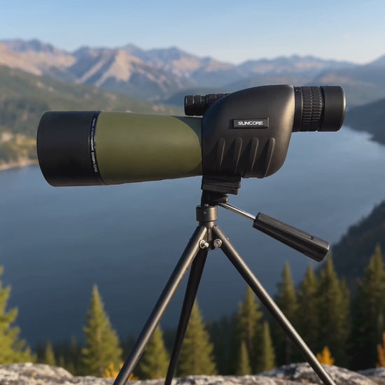 High-powered spotting scope with tripod overlooking a mountain lake, ideal for birdwatching, wildlife viewing, and long-distance observation.